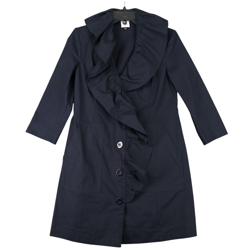 Cabi Ruffle Collar‎ Trench Coat Women XS Navy 3/4 Sleeve Button Up Career Wear